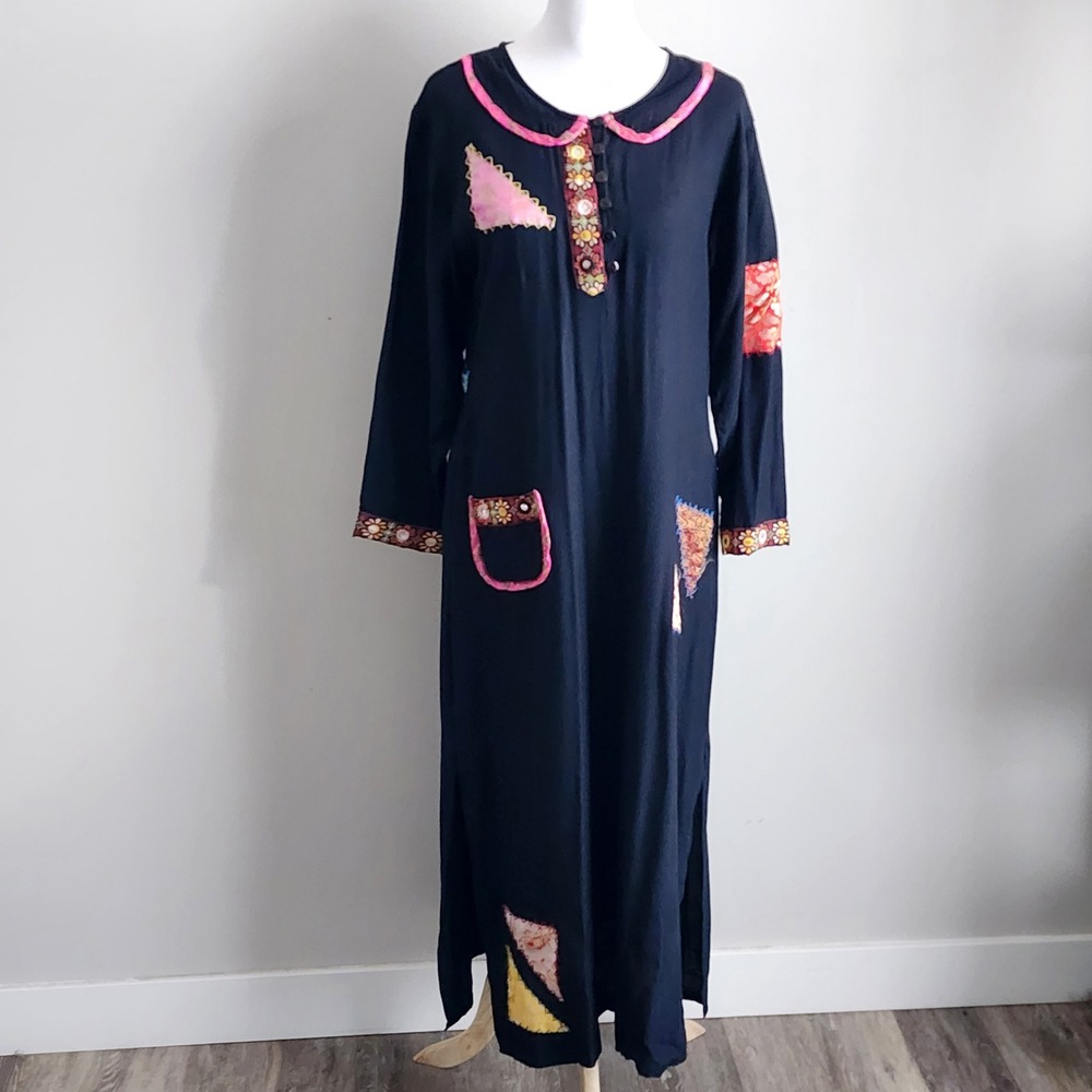 Sacred Threads Patchwork Maxi Dress Womens S/M Black Kaftan Embroidered Boho